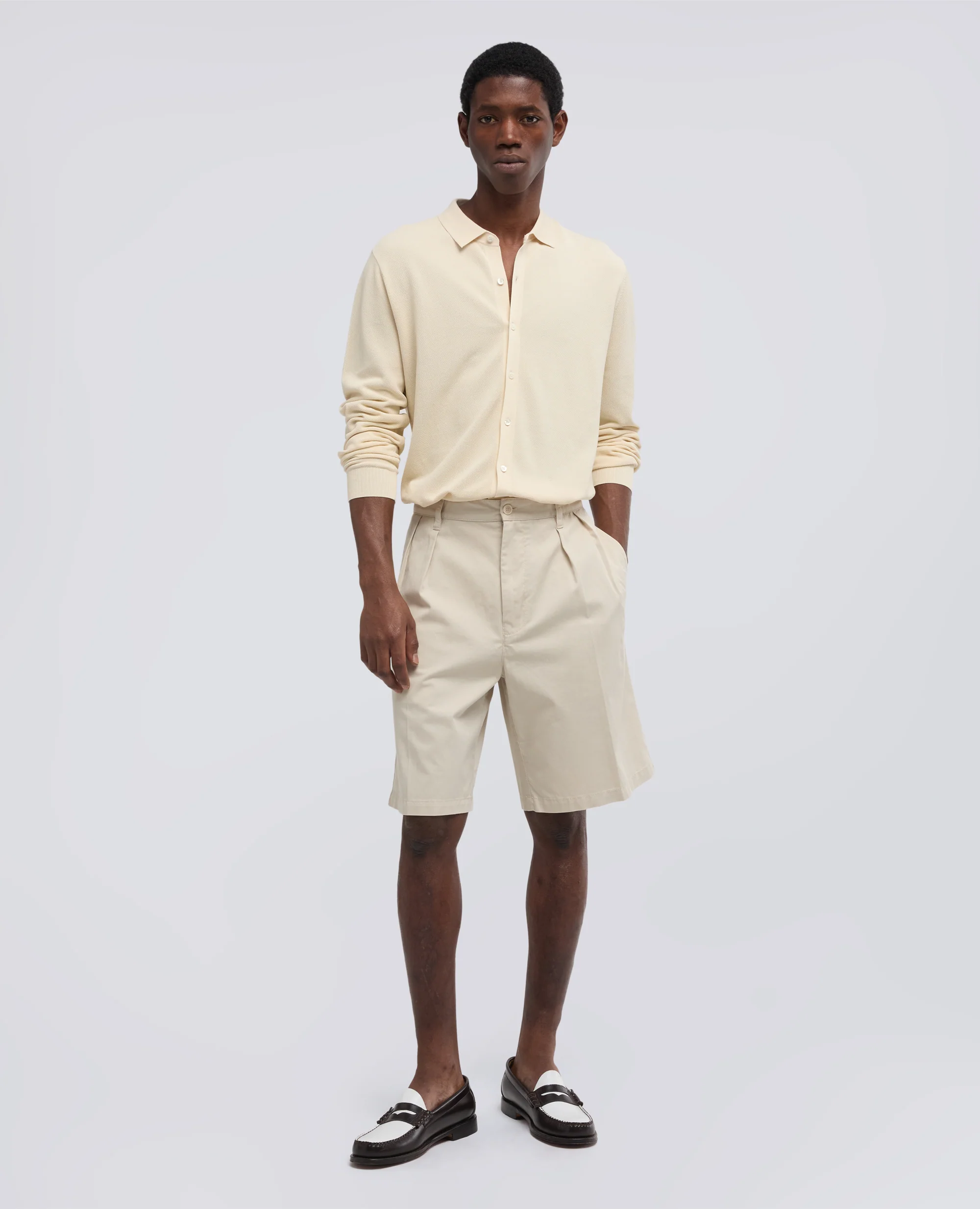 BERMUDA DOPPIA PINCE IN MICRO TWILL DI COTONE - GESSO - Image 2
