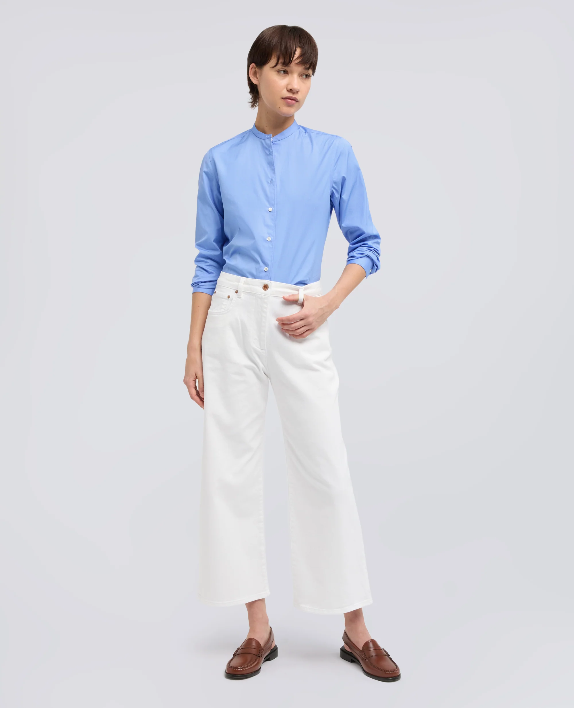 CAMICIA CLASSICA IN POPELINE DI COTONE CON COLLO ALLA COREANA - AZZURRO - Image 2