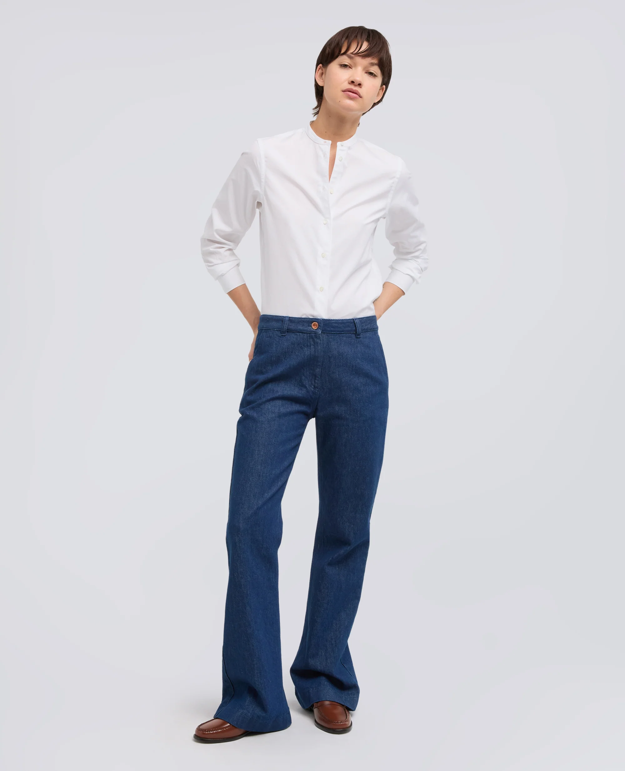 CAMICIA IN POPELINE DI COTONE CON COLLO ALLA COREANA - BIANCO - Image 2