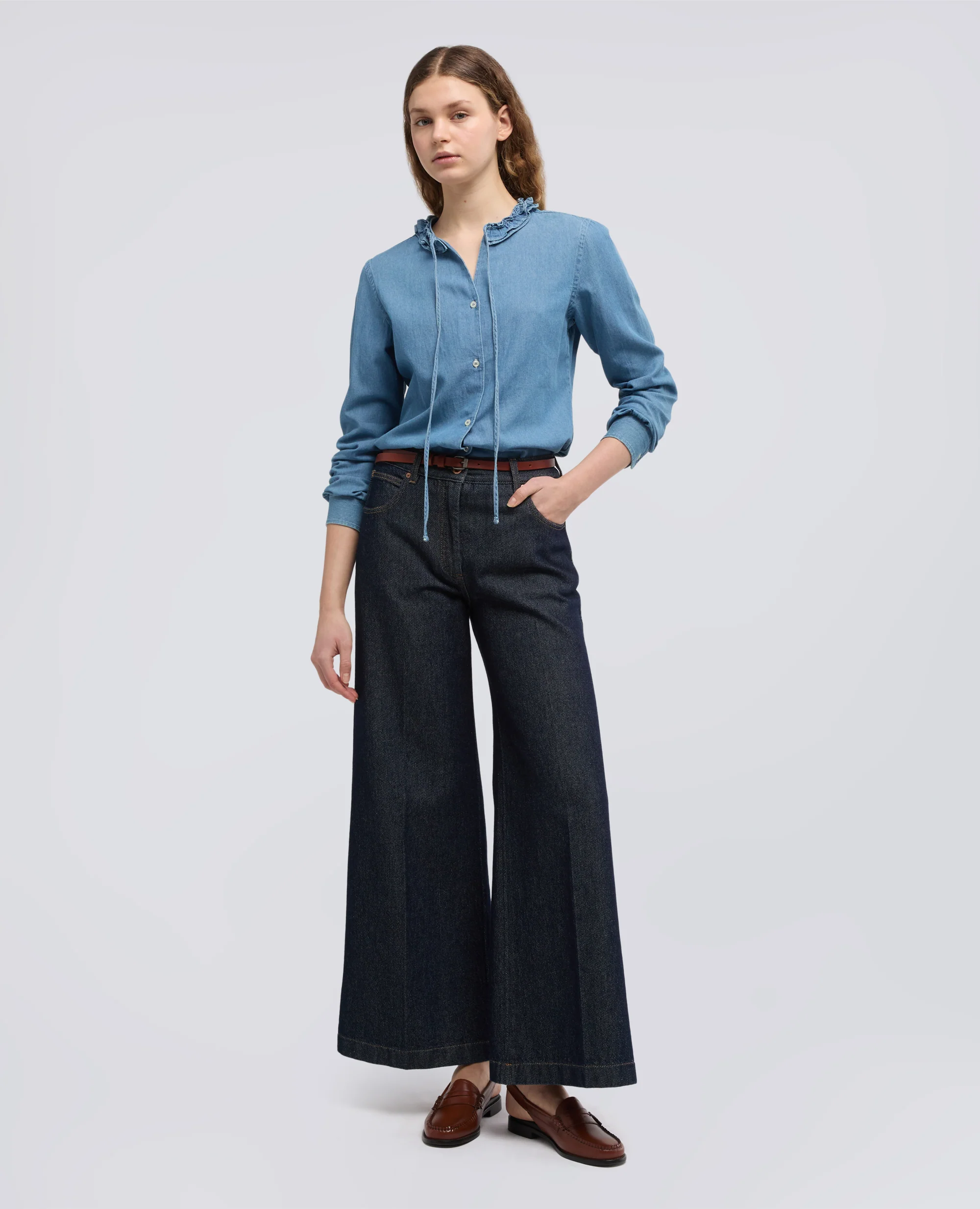 CAMICIA GIROCOLLO IN DENIM DI COTONE - DENIM - Image 2