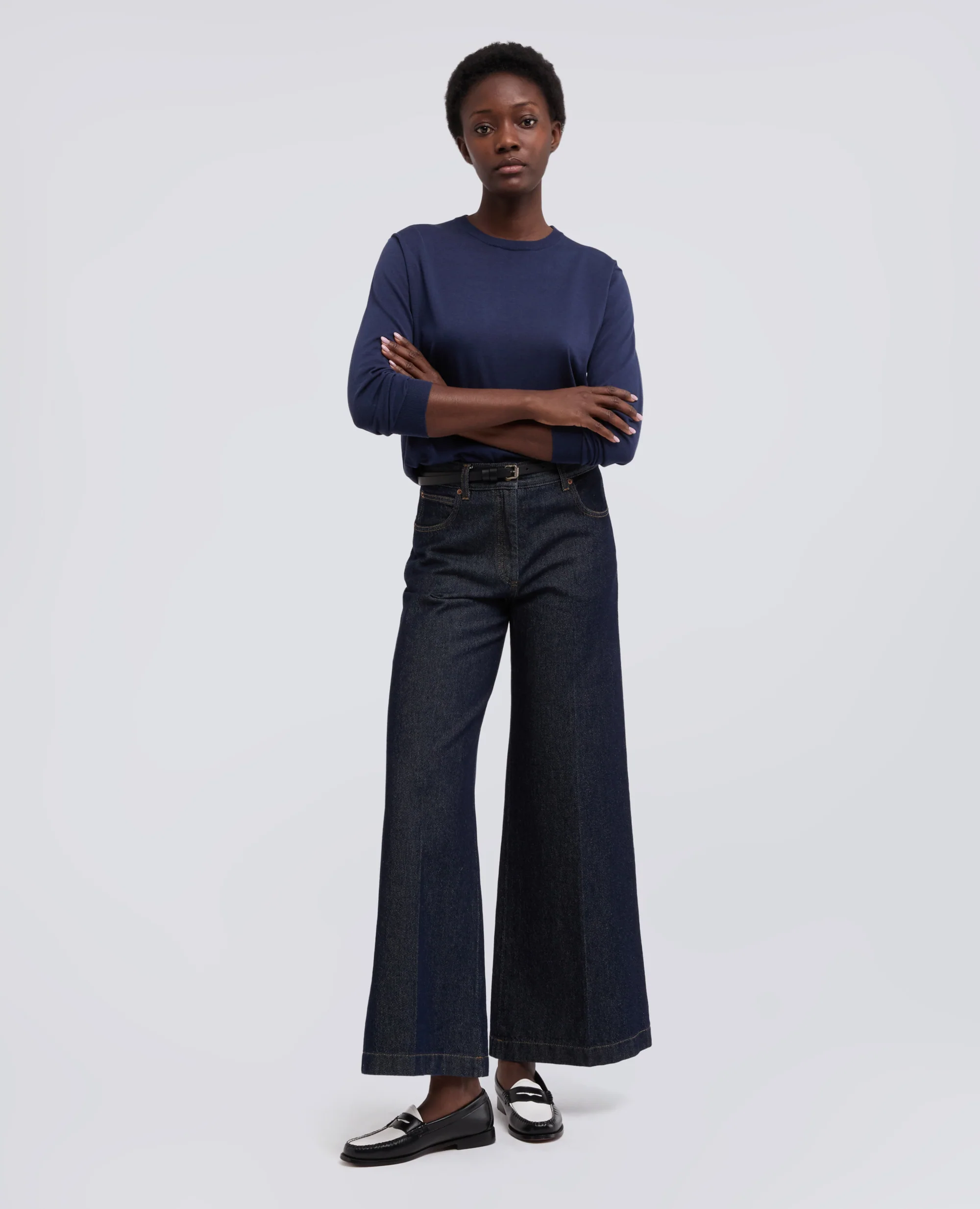 MAGLIA GIROCOLLO CON ROUCHES IN MISTO COTONE, SETA E LINO - NAVY - Image 2