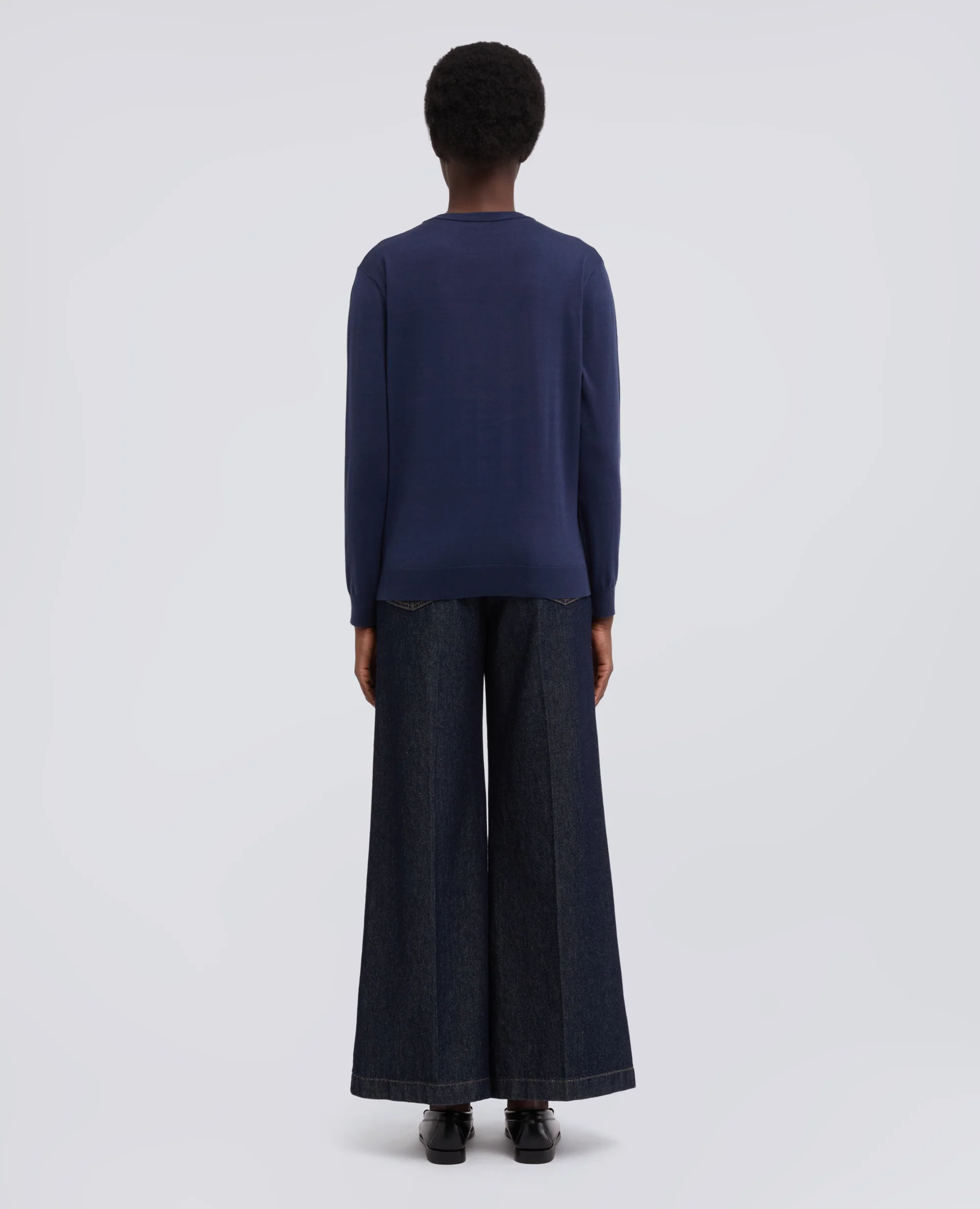 MAGLIA GIROCOLLO CON ROUCHES IN MISTO COTONE, SETA E LINO - NAVY - Image 3